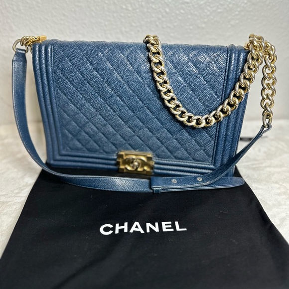 Authentic Chanel Blue Leather Medium LeBoy Bag Classic Flap - Picture 15 of 15